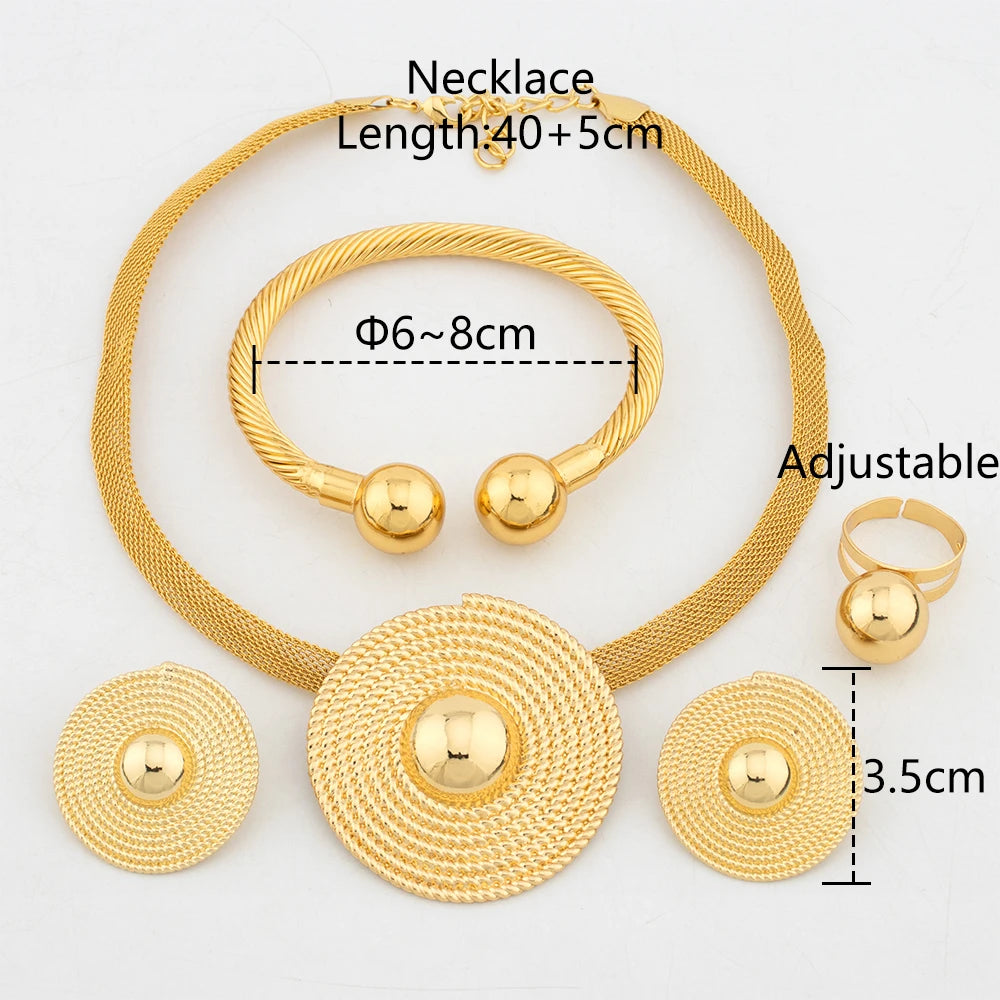 Italy Luxury Gold Color Jewellery Necklace Earring Ring Bracelet Set Fashion African Jewelry Set for Women Daily Wear Party Gift