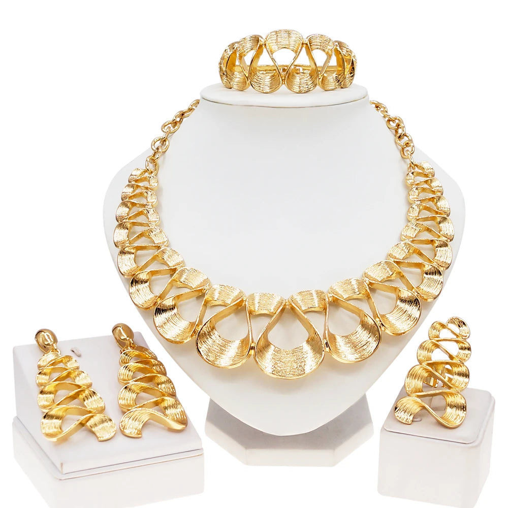 Dubai Gold Plated Jewelry Women Necklace Set Regular Round Pendant Brushed Glossy Bracelet Earrings Wedding Bijoux SYHOL