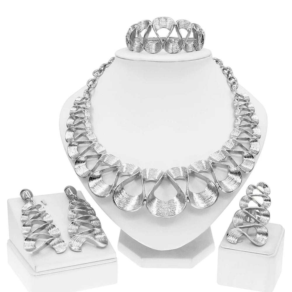 Dubai Gold Plated Jewelry Women Necklace Set Regular Round Pendant Brushed Glossy Bracelet Earrings Wedding Bijoux SYHOL