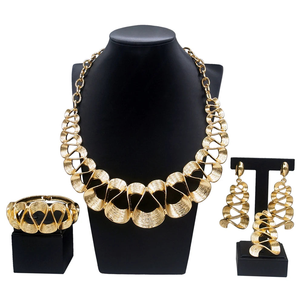 Dubai Gold Plated Jewelry Women Necklace Set Regular Round Pendant Brushed Glossy Bracelet Earrings Wedding Bijoux SYHOL