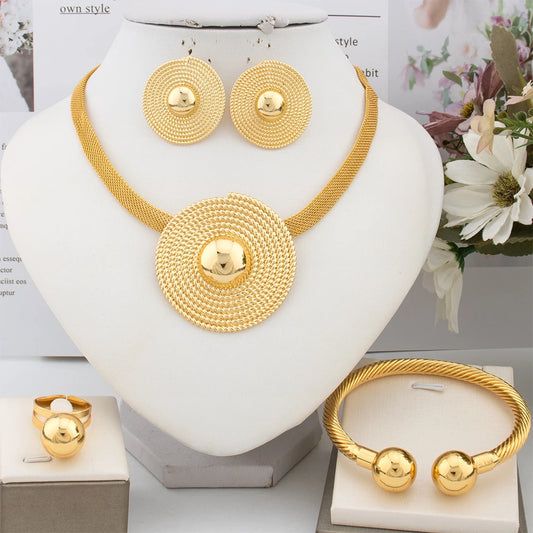 Italy Luxury Gold Color Jewellery Necklace Earring Ring Bracelet Set Fashion African Jewelry Set for Women Daily Wear Party Gift