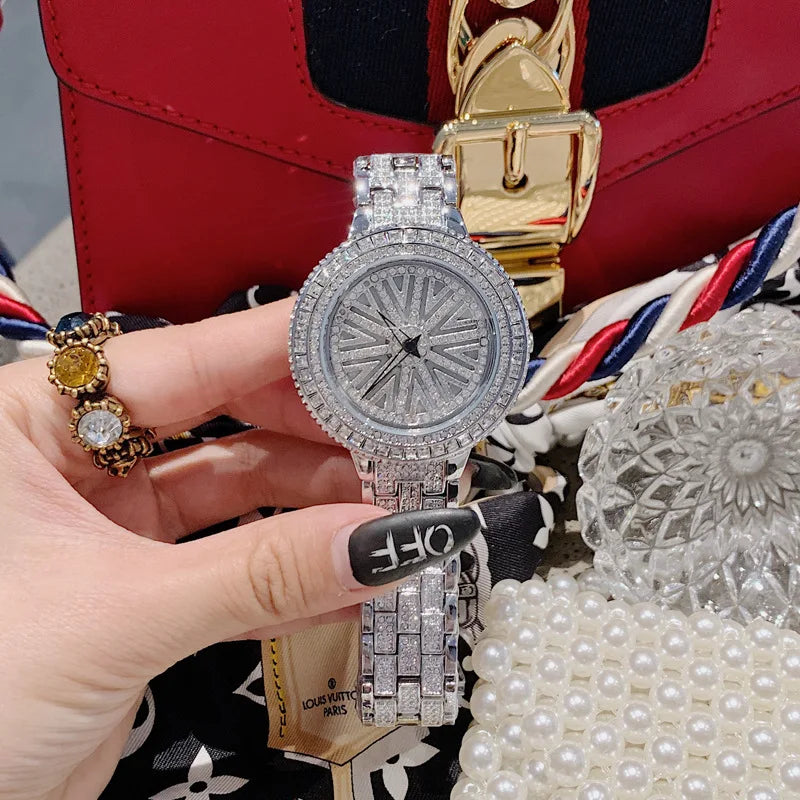 High Quality Fashion Spinning Dial Women Watches Quartz Designer Waterproof Bracelet Watch With Rhinestone Crystal Ladies Watch