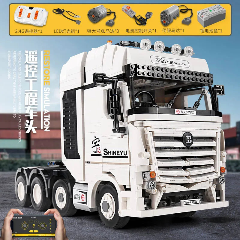 High-Tech QC007 2949Pcs MOC APP Remote Control Truck Toy Arocs Car Container Step Deck Trailer Building Blocks