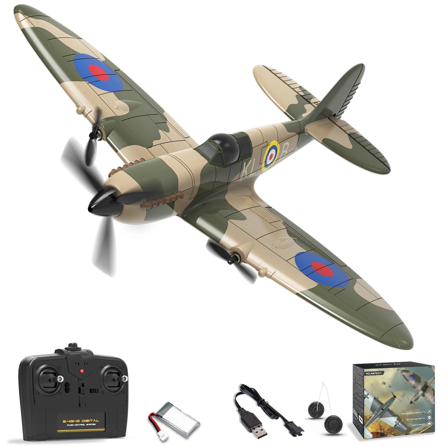 Fremego VolantexRC RC Plane, 4 Channel Remote Control Airplane Fighter Spitfire RTF with Aileron, Gyro, Aerobatics & 3 Modes Easy to Fly, Hobby Radio Controlled Aircraft for Beginners, Kids & Adults (Blue)