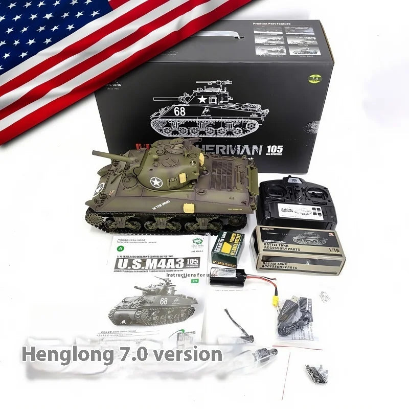 HengLong Rc Tank 1/16 American M4A3 Sherman Electric Remote Control Tank Model Telescopic Barrel Military Model