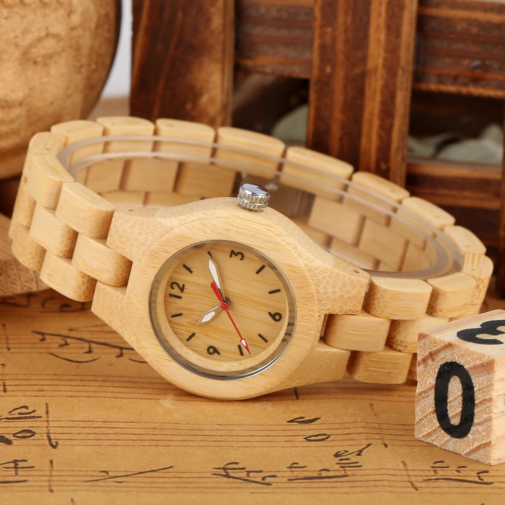 Zebrawood/Bamboo Watch Case Quartz Wristwatches for Women Arabic Numerals Round Dial Wooden Bangle Watch Band Ladies Watch Gift