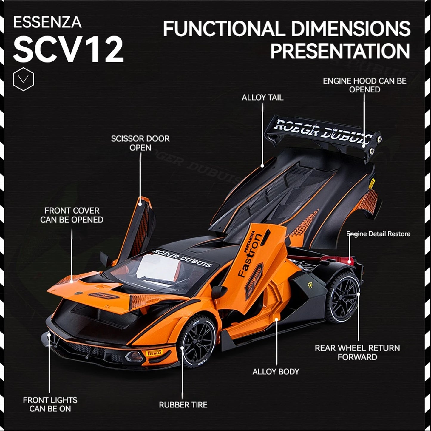 1:24 Scale Lamborghini SCV12 Diecast Car Model with Sound and Light Effects, Spring-Loaded Action 111