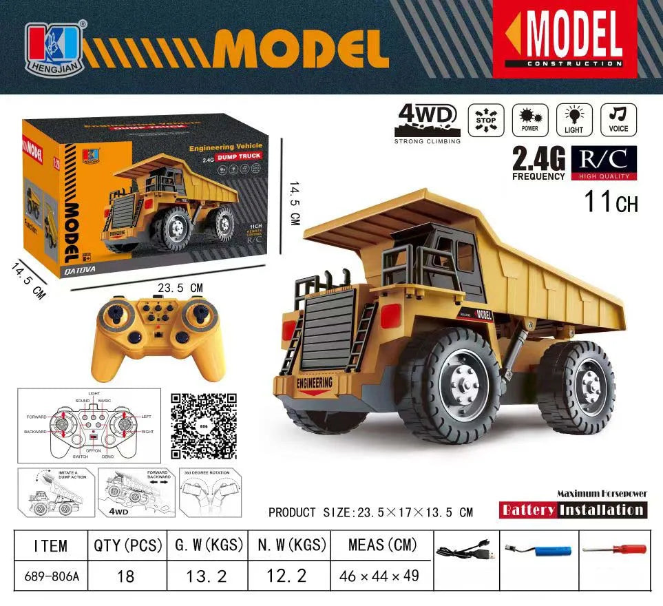 KBDFA 2.4G Remote Control Excavator Dump Truck RC Model Car Toy Professional Alloy Plastic Simulation Construction