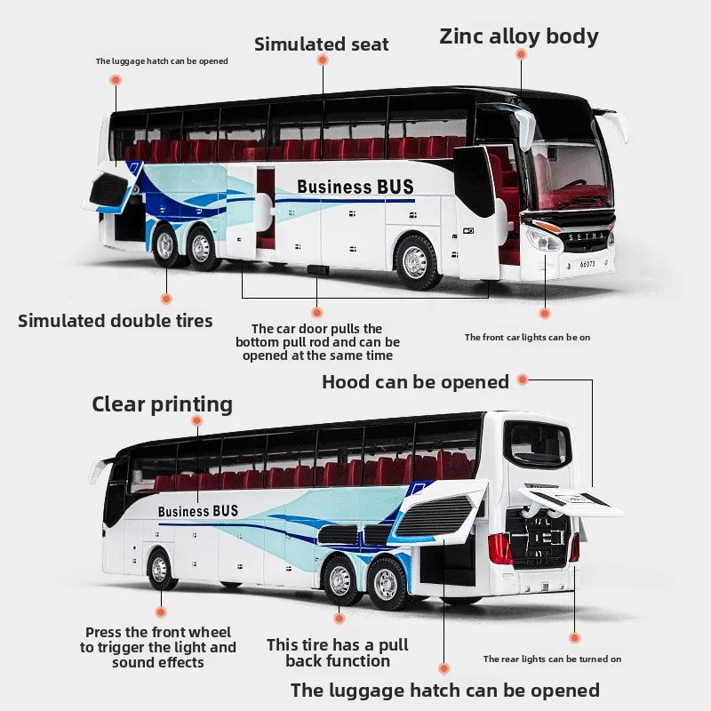 Welly 1/32 Scale Diecast Alloy SETRA Luxury Bus Model Children's Toy Car Business Travel Bus Pull Back Sound and Light Miniature