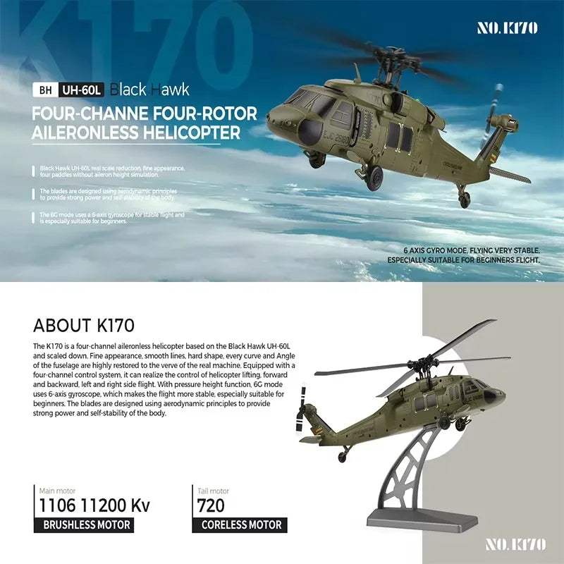 Wltoys K170 RC Helicopter UH-60L 4 Channel Remote Control brushless Helicopters with Gyro and LED Light Durable Airplane Toy