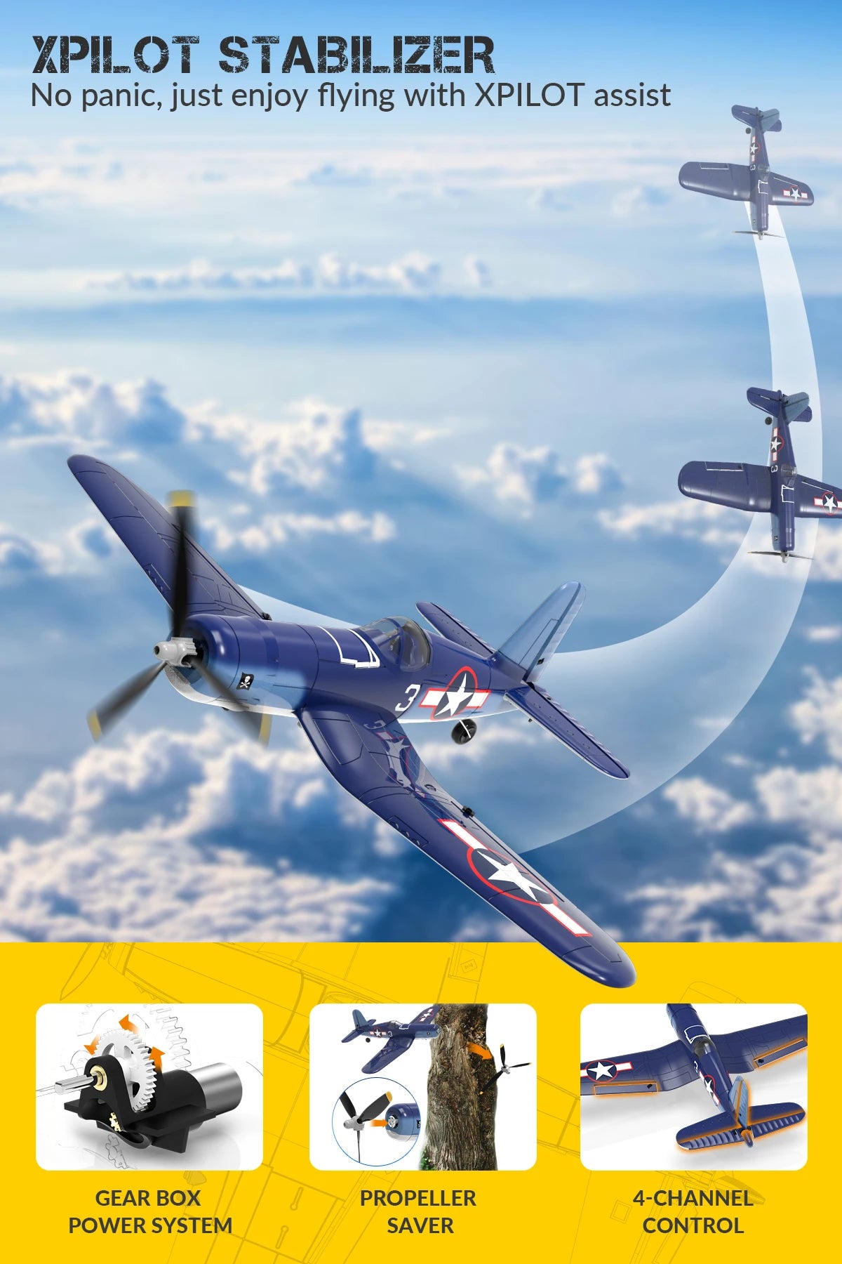 Fremego F4U Corsair 2.4Ghz 4CH 400mm Wingspan One-Key Aerobatic RTF Remote Control RC Plane