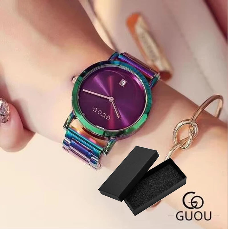 GUOU Luxury Women's Watches Stainless Steel Colorful straps Purple Women Watches Fashion Ladies watch reloj mujer zegarek damski