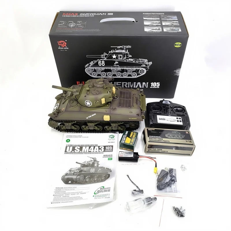 HengLong Rc Tank 1/16 American M4A3 Sherman Electric Remote Control Tank Model Telescopic Barrel Military Model