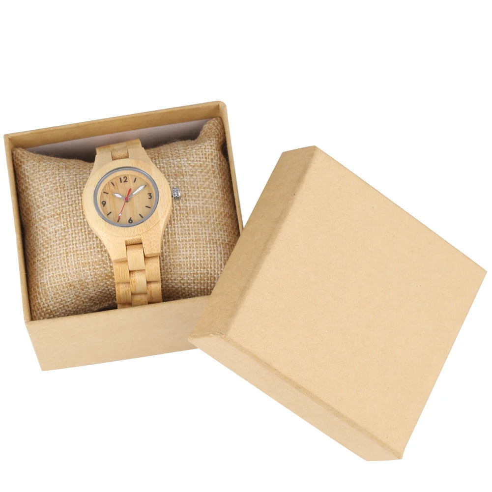 Zebrawood/Bamboo Watch Case Quartz Wristwatches for Women Arabic Numerals Round Dial Wooden Bangle Watch Band Ladies Watch Gift