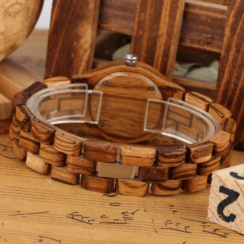 Zebrawood/Bamboo Watch Case Quartz Wristwatches for Women Arabic Numerals Round Dial Wooden Bangle Watch Band Ladies Watch Gift