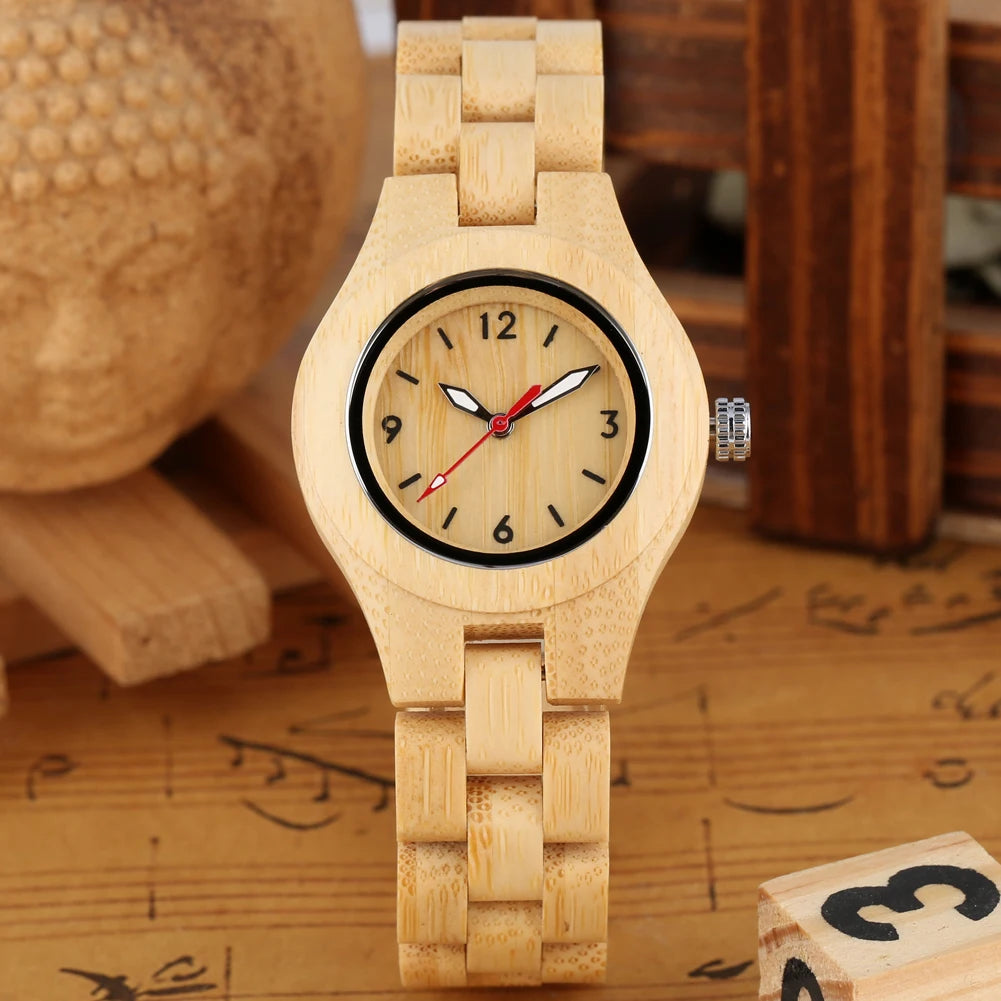 Zebrawood/Bamboo Watch Case Quartz Wristwatches for Women Arabic Numerals Round Dial Wooden Bangle Watch Band Ladies Watch Gift