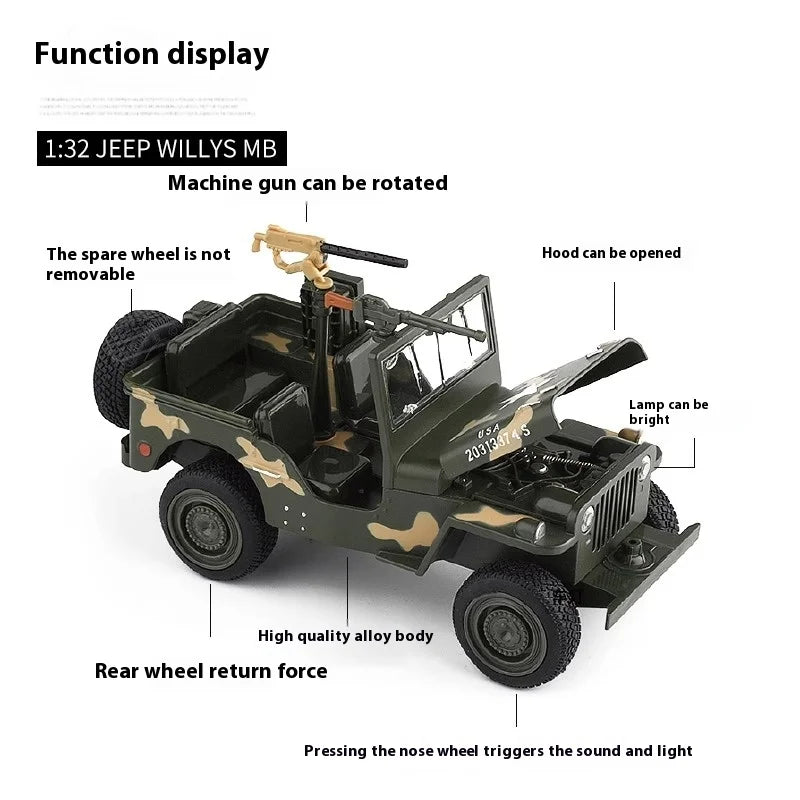 Moisto 1:32 Willys GP JEEP Military Off Road Vehicle Alloy Model Car Metal Diecast Sound and Light Toys Military Truck