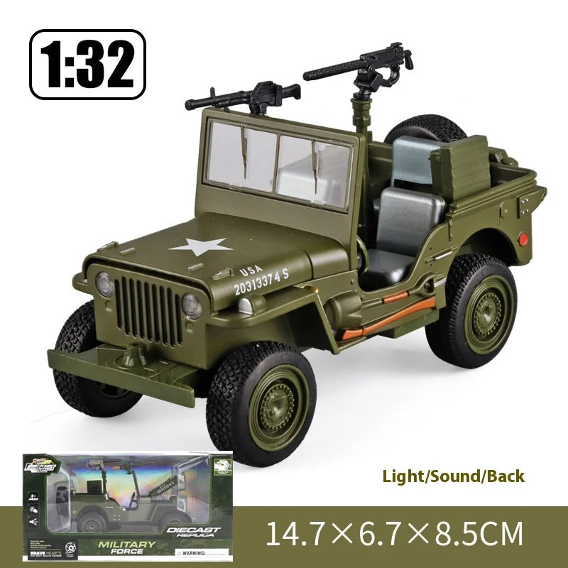 Moisto 1:32 Willys GP JEEP Military Off Road Vehicle Alloy Model Car Metal Diecast Sound and Light Toys Military Truck