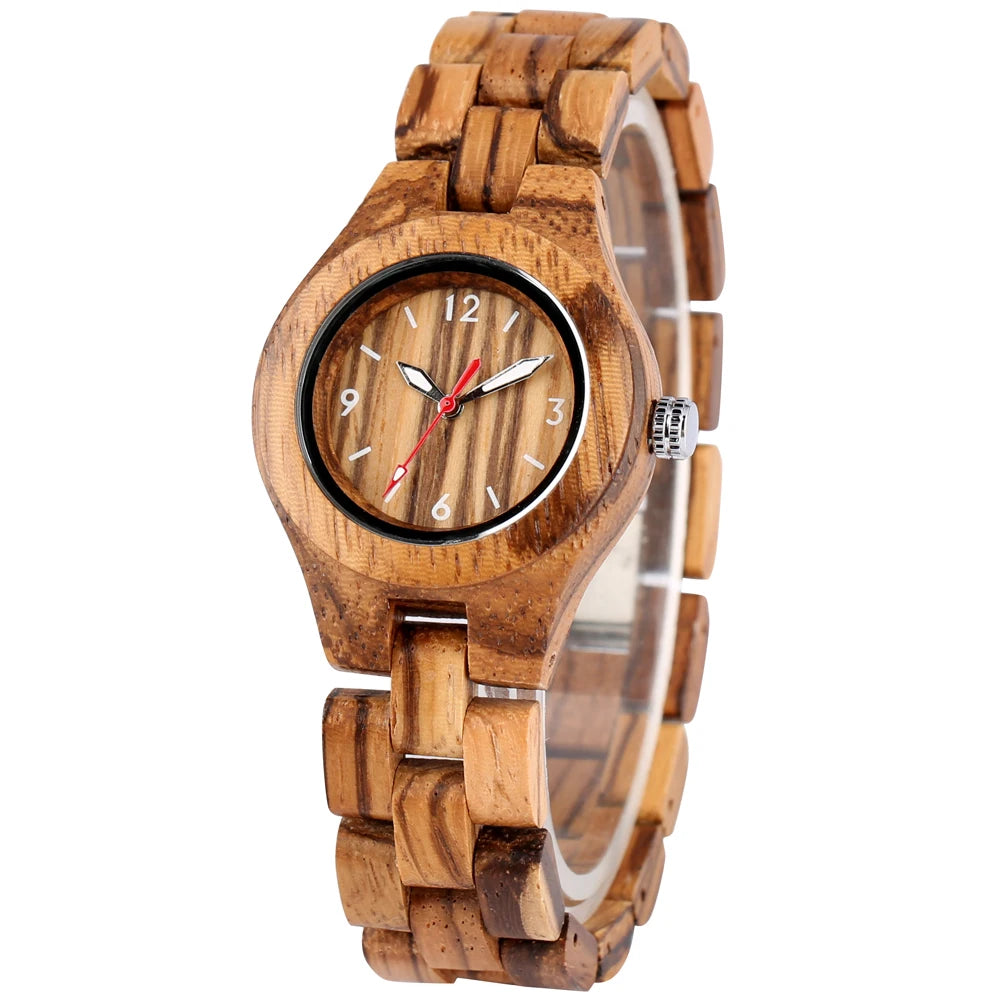 Zebrawood/Bamboo Watch Case Quartz Wristwatches for Women Arabic Numerals Round Dial Wooden Bangle Watch Band Ladies Watch Gift