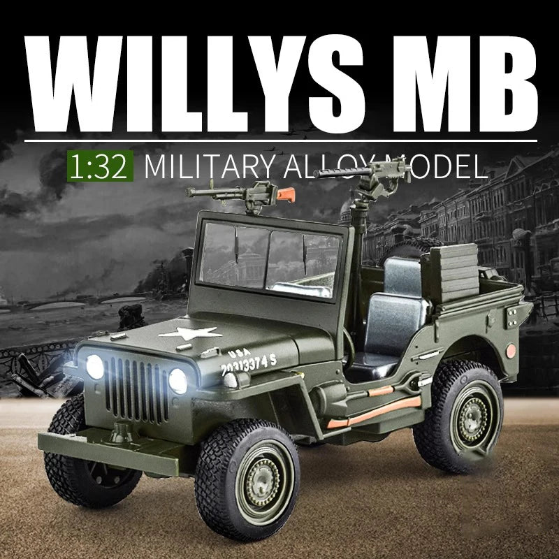 Moisto 1:32 Willys GP JEEP Military Off Road Vehicle Alloy Model Car Metal Diecast Sound and Light Toys Military Truck