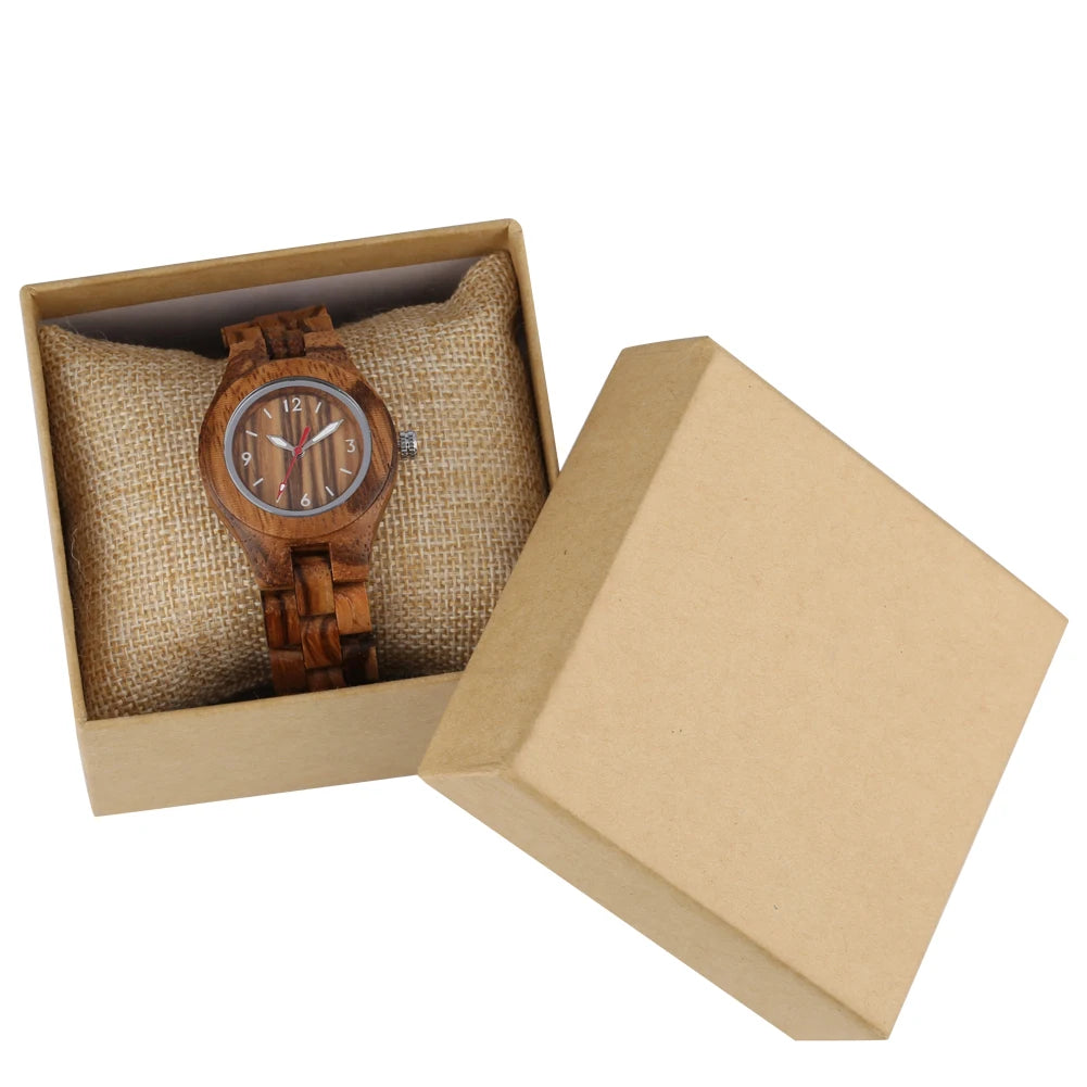 Zebrawood/Bamboo Watch Case Quartz Wristwatches for Women Arabic Numerals Round Dial Wooden Bangle Watch Band Ladies Watch Gift