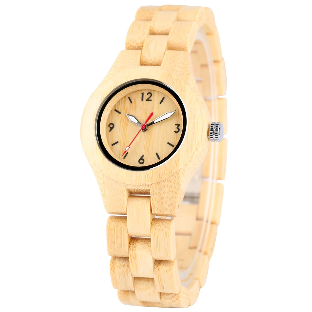 Zebrawood/Bamboo Watch Case Quartz Wristwatches for Women Arabic Numerals Round Dial Wooden Bangle Watch Band Ladies Watch Gift