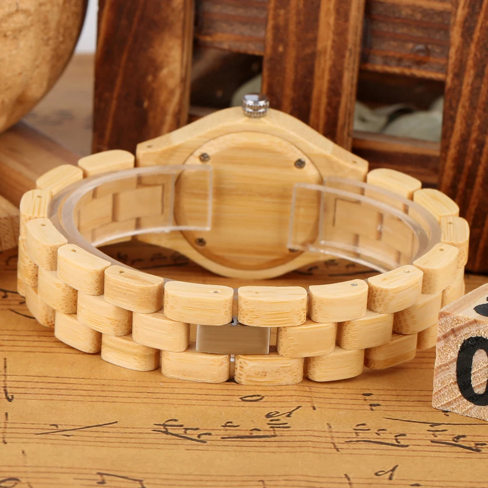 Zebrawood/Bamboo Watch Case Quartz Wristwatches for Women Arabic Numerals Round Dial Wooden Bangle Watch Band Ladies Watch Gift