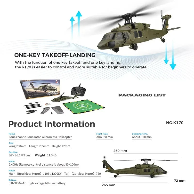 Wltoys K170 RC Helicopter UH-60L 4 Channel Remote Control brushless Helicopters with Gyro and LED Light Durable Airplane Toy
